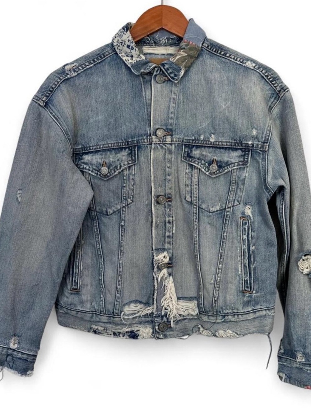 Vintage Ralph Lauren Denim & Supply Frayed Light Wash Patchwork Trucker Jacket L